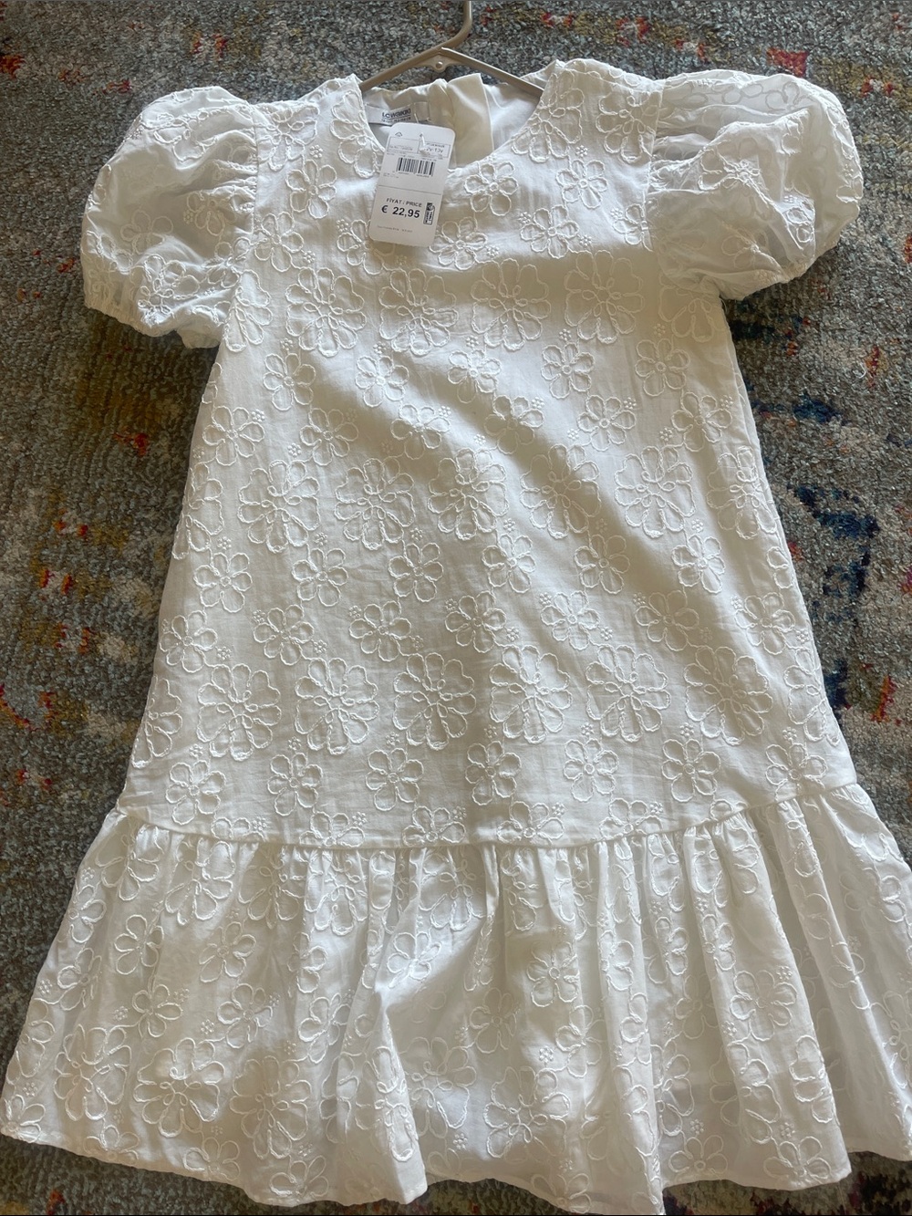 Girls' White Eyelet Puff-Sleeve Dress with Flounce